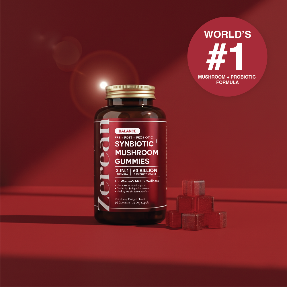 Zerean Balance Synbiotic + Mushroom Gummies bottle on red background — world’s #1 mushroom and probiotic formula for women’s hormone and gut balance.
