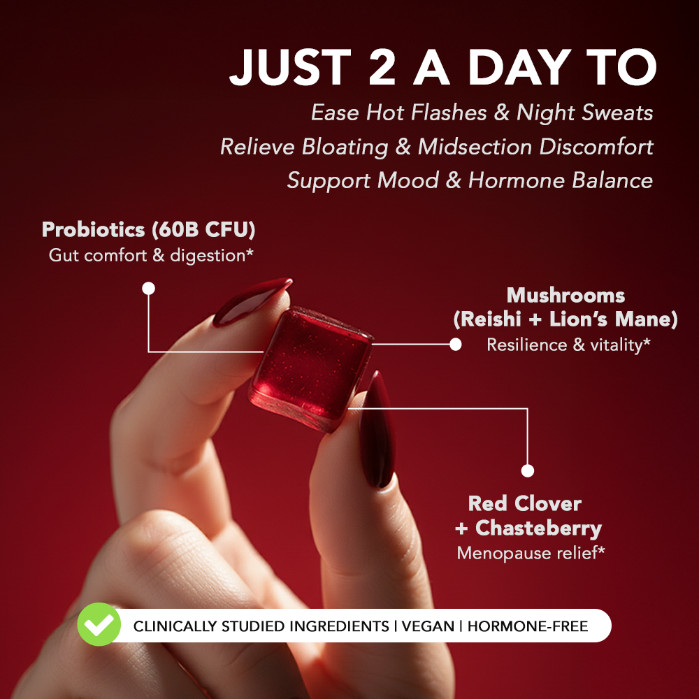 Hand holding Zerean Balance gummy with ingredient callouts — probiotics, mushrooms, red clover, and chasteberry to support hormone balance and digestion.