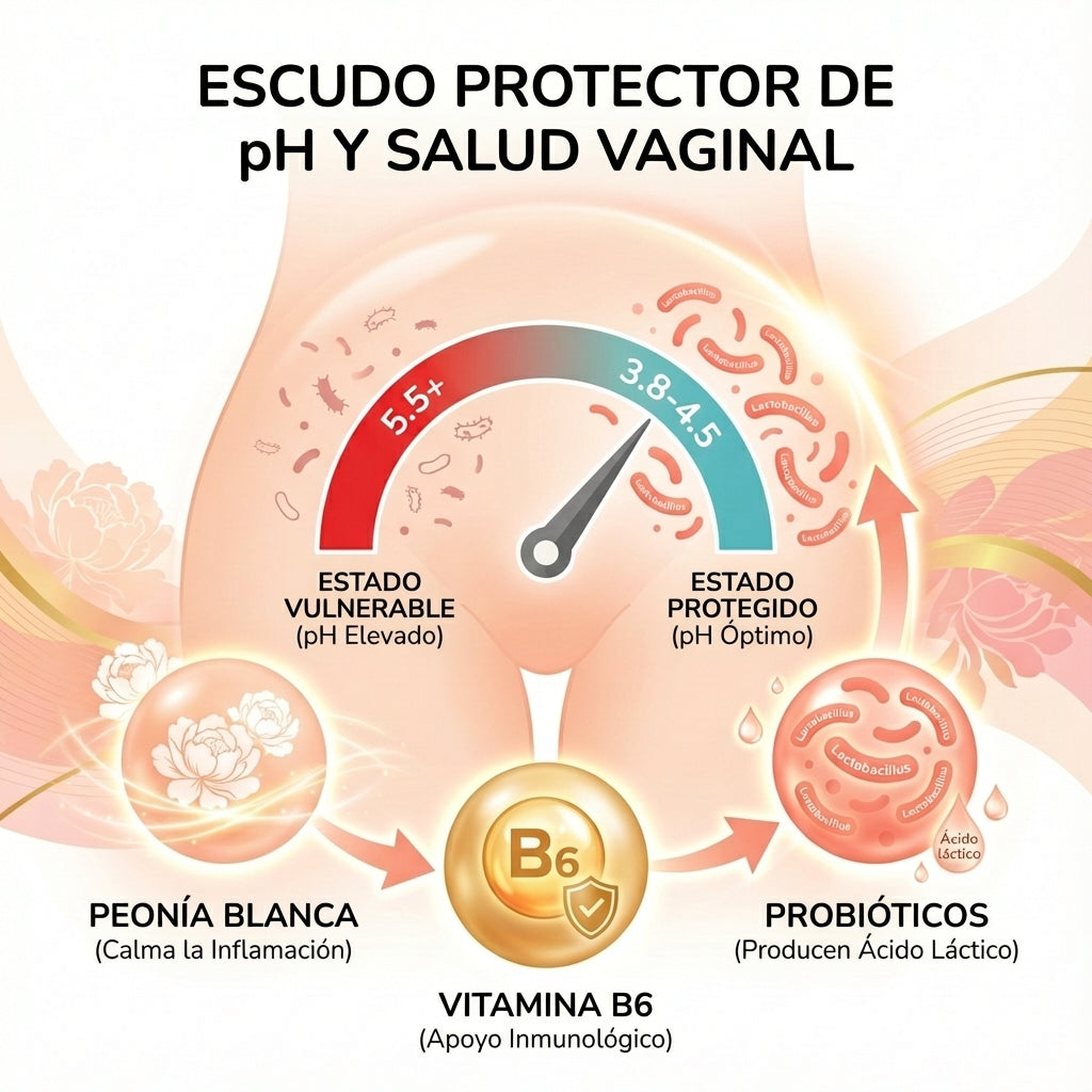 pH protection diagram showing how Balance ingredients maintain optimal vaginal pH between 3.8-4.5. Gauge displays vulnerable state at high pH 5.5+ versus protected state with white peony reducing inflammation, vitamin B6 supporting immunity, and probiotics producing lactic acid to keep beneficial Lactobacillus thriving and prevent bacterial vaginosis