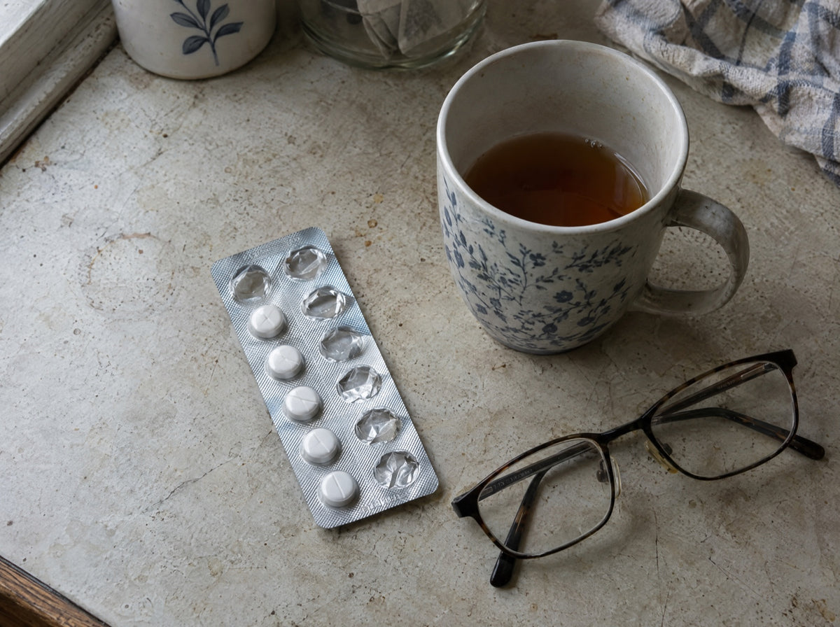A strip of painkillers next to a mug of tea