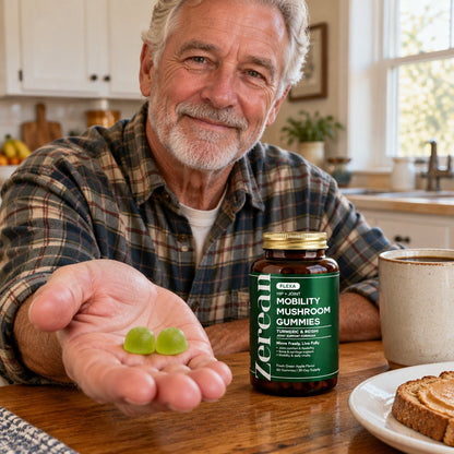 Man at breakfast holding two Flexa gummies, Flexa jar on the table